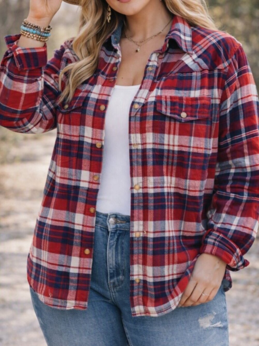 JACHS Girlfriend Red Blue Flannel Plaid Pearl Snap Shirt L Western Americana